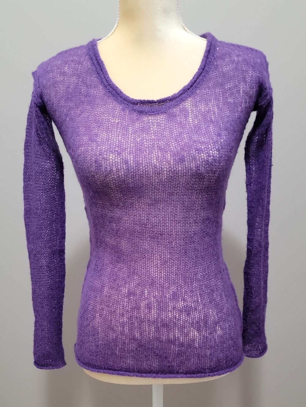 VTG 2012 Alloy Sheer Open Knit Off Shoulder Sweater XS Purple Raw Seam New
